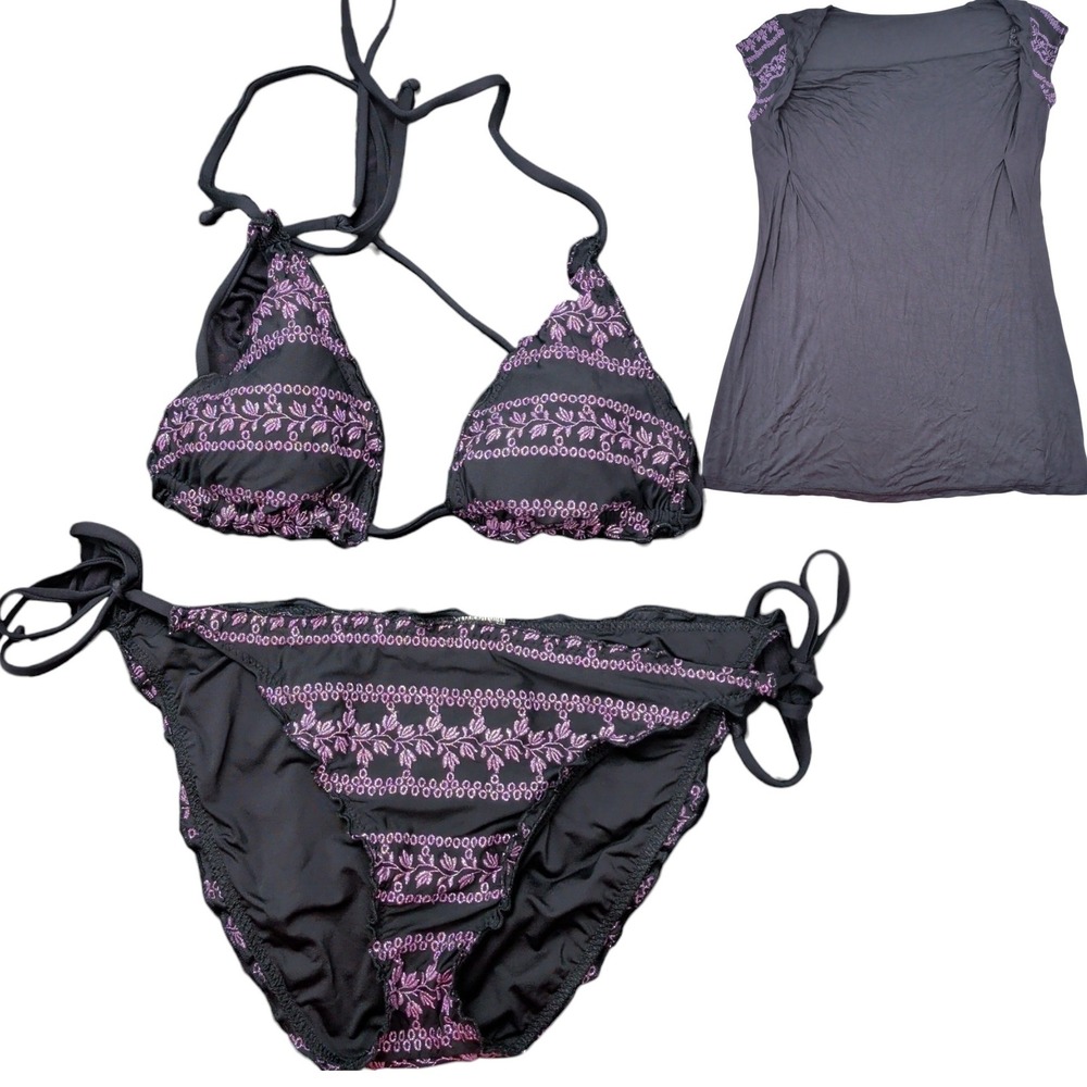 Becca by Rebecca Virtue 3pc Bikini Set & Coverup Dress Black Purple Floral Med